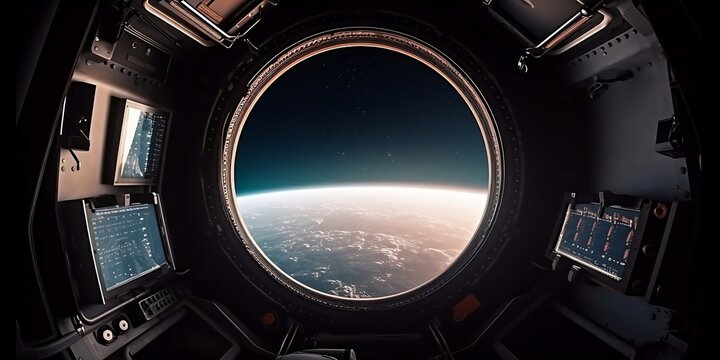 Bright spaceship interior with a view out a dark window. ai generated.