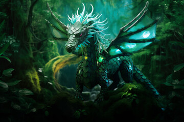 Forest green magical dragon on the background of the enchanted forest. Generative ai illustration of green dragon, symbol of 2024 year.