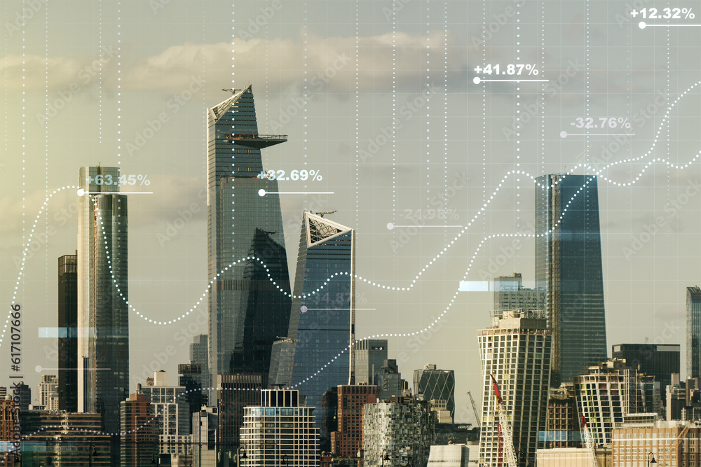 Poster Double exposure of abstract creative statistics data hologram on New York city office buildings background, analytics and forecasting concept