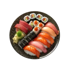 Foto auf Acrylglas Sushi-bar Set of sushi on a plate, isolated on white or transparent background, generative AI