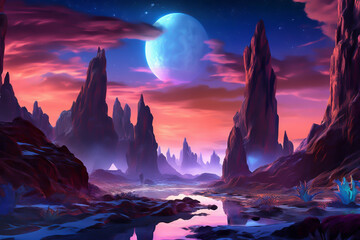 Fantasy unreal planet landscape. Generative ai illustration of fantastic world