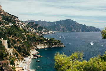 Fototapeta premium The Amalfi coast with Positano. One of the most visited places in the world in summer. Clean and clear waters where to go by boat or on a boat or rather a yacht 