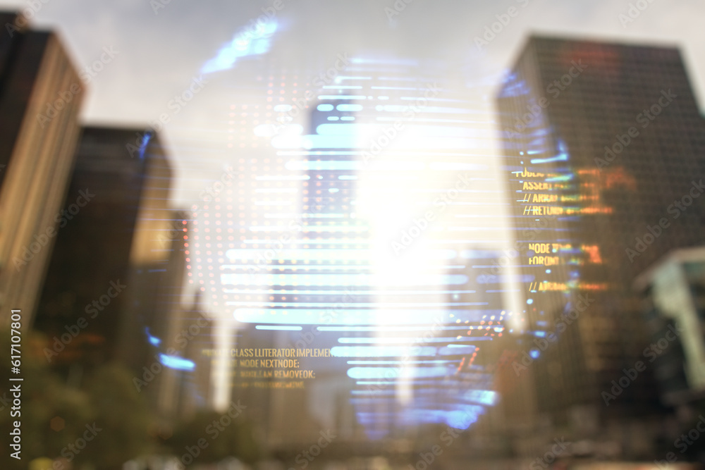 Poster multi exposure of abstract creative coding sketch and world map on office buildings background, arti