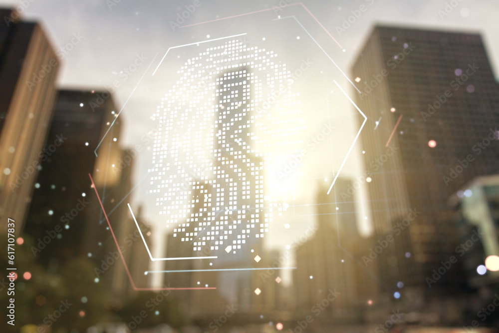 Poster abstract virtual fingerprint illustration on modern architecture background, personal biometric data