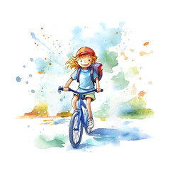 Celebrating School Kids on Bicycles with a Vibrant Watercolor Design. Perfect for T-Shirt Art. Generative AI