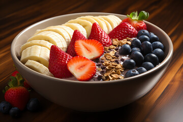 Acai Bowl berries, bananas, and other mixed fruits sliced strawberries, blueberries, granola, coconut flakes, and a drizzle of honey Generative AI