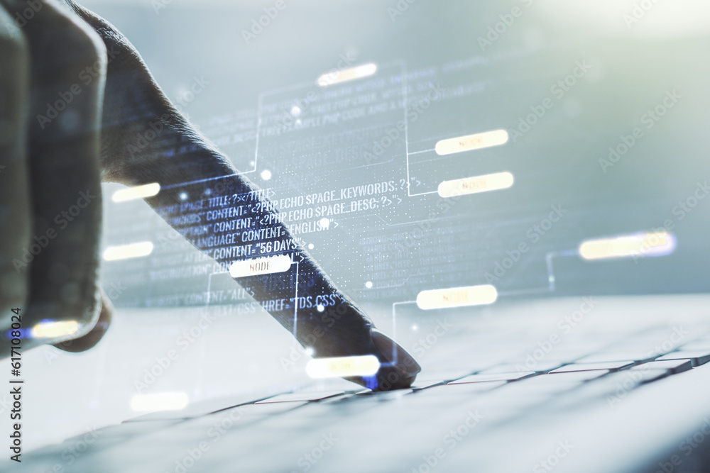 Fototapete double exposure of abstract programming language hologram with hands typing on laptop on background,