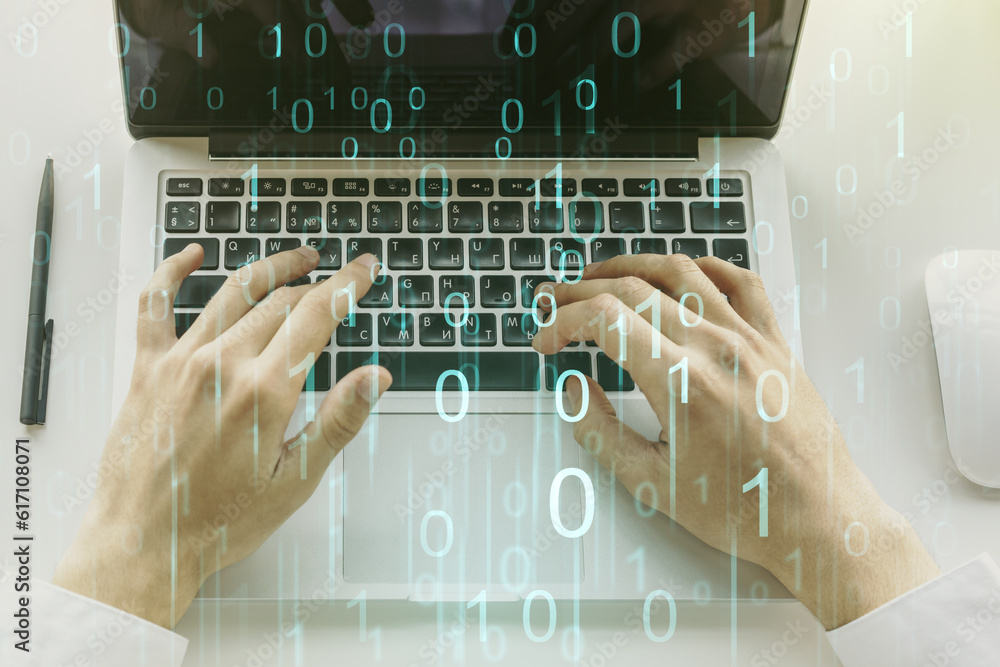 Aufkleber Creative abstract binary code hologram and hands typing on computer keyboard on background, AI and machine learning concept. Multiexposure