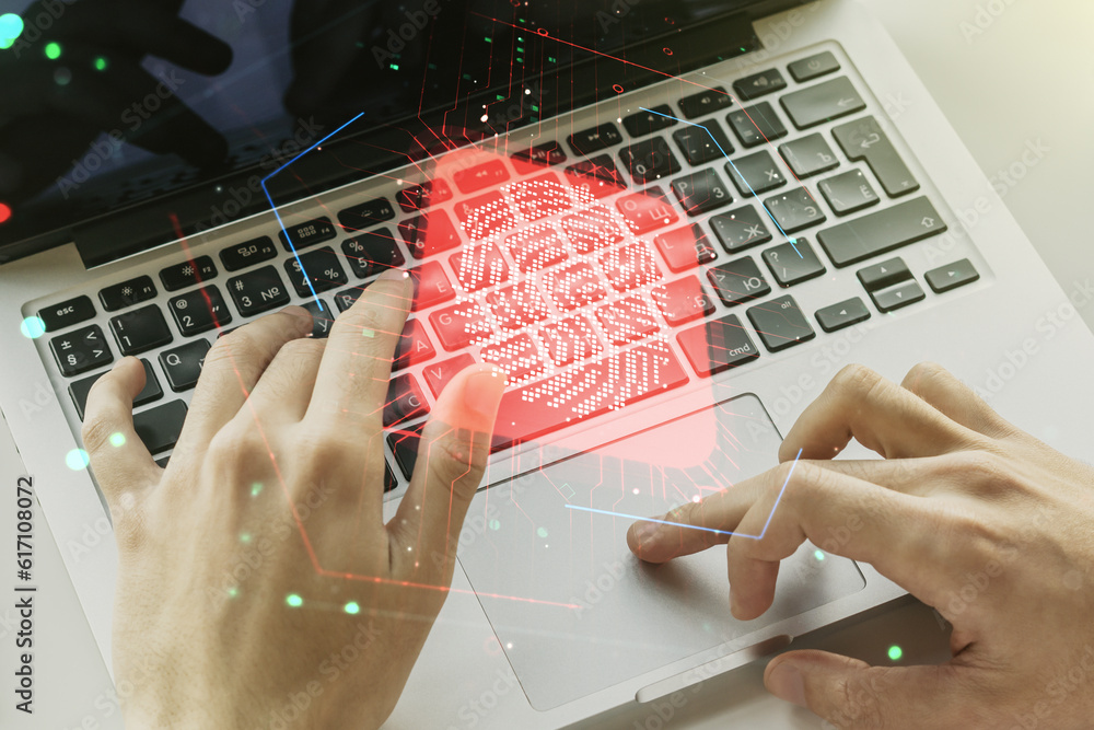 Poster double exposure of abstract creative fingerprint hologram with hands typing on laptop on background,