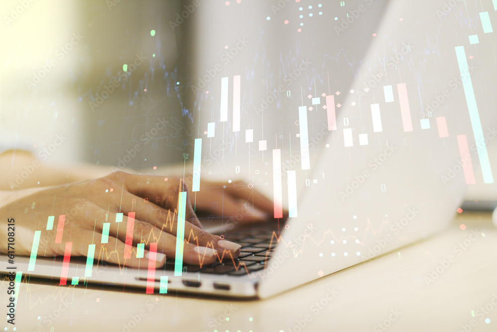 Poster multi exposure of abstract creative financial chart with hand typing on computer keyboard on backgro