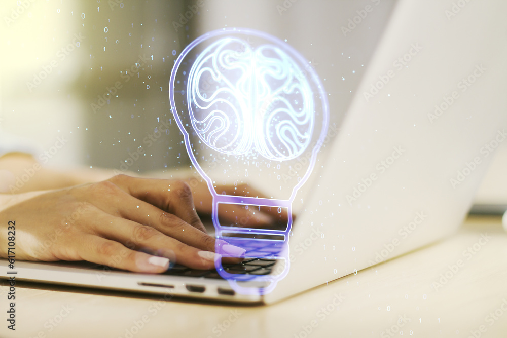 Aufkleber creative light bulb illustration with human brain and with hands typing on computer keyboard on back