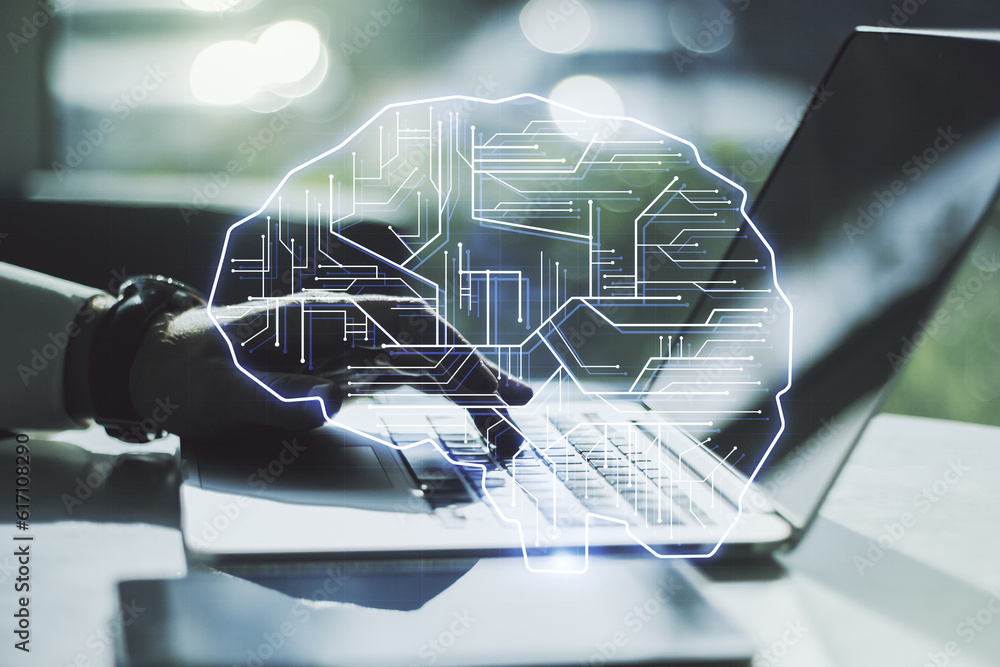Poster double exposure of creative artificial intelligence symbol with hands typing on laptop on background