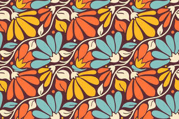 Folk flower seamless background. Tricky wallpaper. Retro rural floral ornament with daisies. Warm bright color pattern.