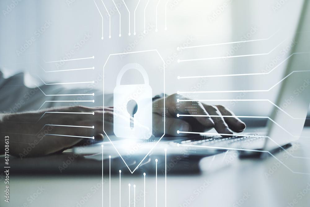 Poster double exposure of creative lock hologram with chip and hands typing on laptop on background. inform