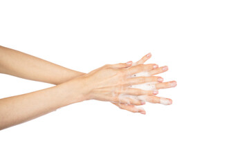 Woman thoroughly washing her hands isolated on white background. Soap foam on female hands.