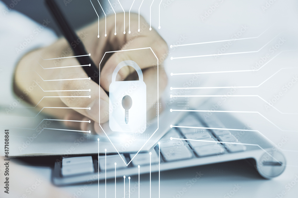 Poster creative lock illustration with microcircuit and hand writing in diary on background with laptop, cy