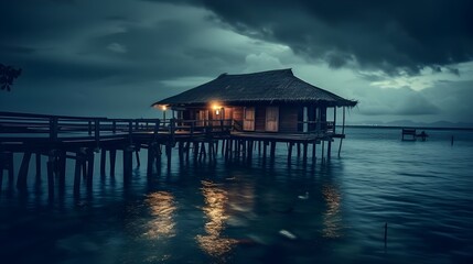 Wooden thatched-roof stilt house at the sea side, connected with wooden bridge at night, sea landscape.