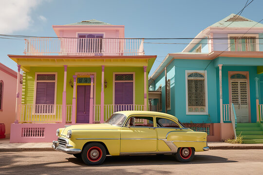 Generative AI illustration of yellow retro car parked near colorful residential building in town in daylight