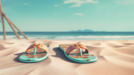 Fototapeta na wymiar Flip flop sandals on the sandy beach in nostalgic card style. Retro vacation postcard with slippers on the coast. Generated AI.