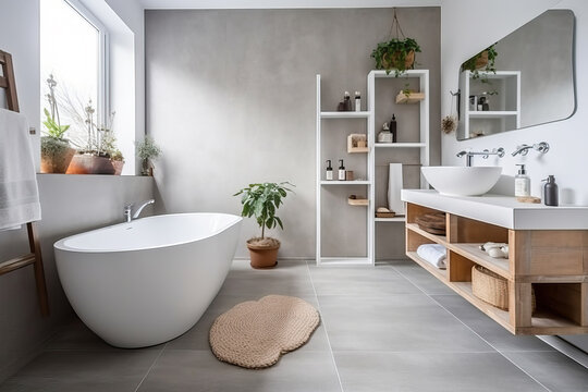 Generative AI illustration of modern bathroom interior furnished with bathtub and wooden shelves with sink decorated with potted plant placed near window