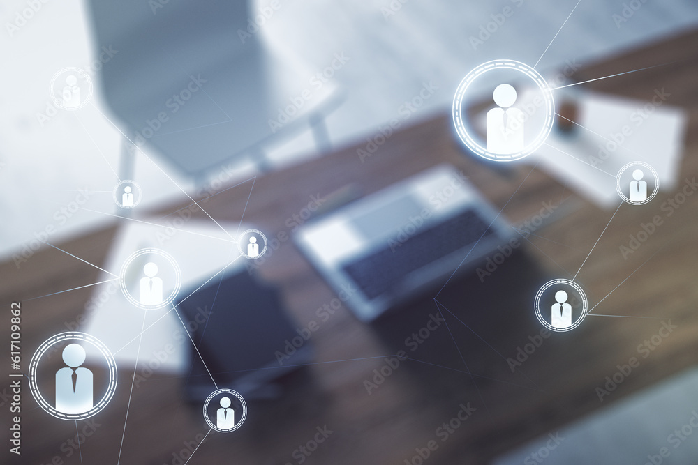 Poster double exposure of social network icons concept and modern desk with computer on background. network