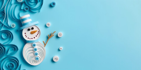 Banner with white quilling snowman closeup on blue background, top view. Merry Christmas and Happy New Year holiday concept - obrazy, fototapety, plakaty