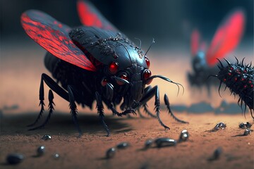 large black shiny fantasy insects with wings eating a dead bipedal creature with red liquid all over them and the ground gross photo realistic extremely detailed depth of field 55mm lens 