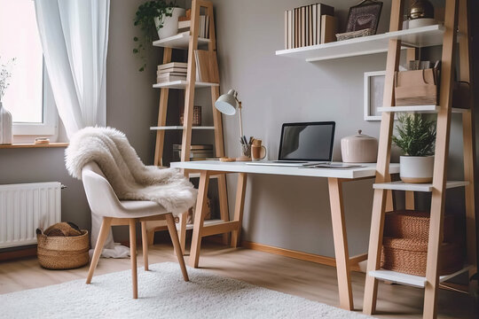 Generative AI illustration of modern home office interior with windows built in wooden shelves and laptop placed on desk