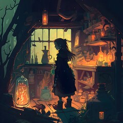 dilapidated shack in the swamps interiour full of mysterious glowing ornaments potions and small monsters a middleaged witch with a sharp nose and pointed chin wearing dark robes and carrying a wand 