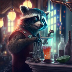 a raccoon selling a cocktail futurism style 