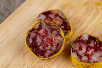 marinated in young turmeric pork sausage on the countertop