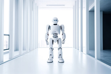 Generative AI illustration of futuristic smart robot in human form standing in passage of modern apartment with bright light background
