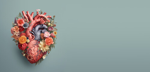 Human heart with flowers, love and emotion concept, good hearted person, help and charity, generative AI 