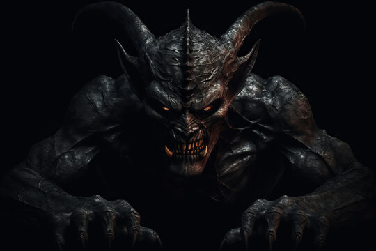 Black Demon with horns and red fire eyes. Fantasy monster. Head of The Fire Demon. Lord of Hell. Generative ai illustration of angry demon on black background