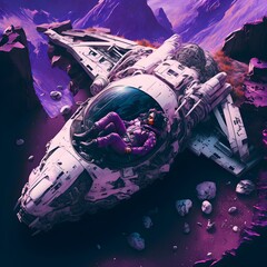 crashed spaceship in a high mountain viewed from above with one person lying down next to it purple color cinematic lighting 