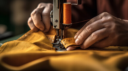 Close-up of hands skillfully operating a sewing machine, crafting a piece of clothing, embodying the spirit of DIY. - obrazy, fototapety, plakaty