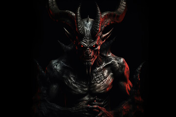 Black Demon with horns and red fire eyes. Fantasy monster. Head of The Fire Demon. Lord of Hell. Generative ai illustration of angry demon on black background - obrazy, fototapety, plakaty