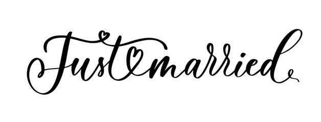 JUST MARRIED hand lettering, vector illustration. Hand drawn lettering card background. Modern handmade calligraphy.