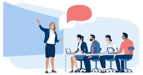 Education, presentation. The teacher is giving a lecture. The team listens to the teacher, female leader. Vector illustration. 