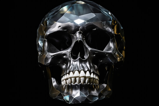 Illustration of skull with diamonds on black background, generative ai.