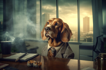 Dog top manager in a suit sitting in the big office. Generative ai illustration of office animal worker.