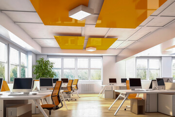 Generative AI illustration of interior design of modern workspace with stylish ceiling and tables with chairs and potted plants indoor