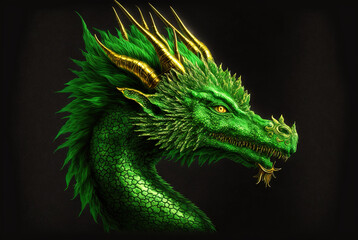 Obraz premium Green dragon portrait, mysterious monster from farytales and symbol of 2024 lunar year in Chinese calendar. Generated AI.