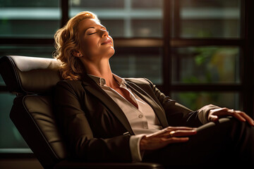 Generative AI image of young female relaxing in armchair at workplace and smiling while closed eyes on blurred background at night