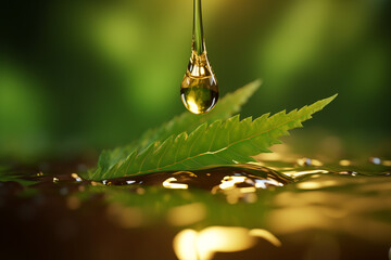 Cannabis oil drop fall on cannabis leaf for treatment broth, tincture, extract. Generative ai illustration of healthy, natural, organic oil.