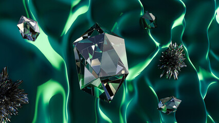 3D rendering of white diamonds placed on a green cloth reflect beautiful natural light.