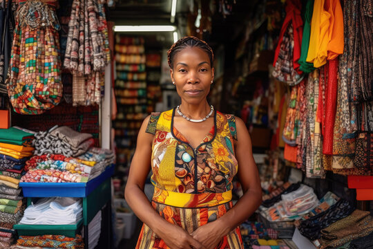 Generative AI image of smiling African female fabric vendor looking at camera while standing in shop with multicolored and assorted clothes for sale