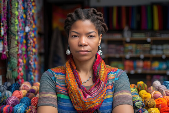 Generative AI image of young African female yarn vendor with afro hairstyle looking at camera while sitting in shop with blurred goods in daylight