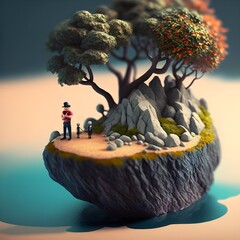 a man stuck on an tiny island claymation bright cinematic wide lens 