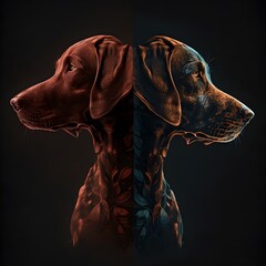one side is a splater pattern of a vizsla and the other side in dark shade colors background cover art art station black and red 